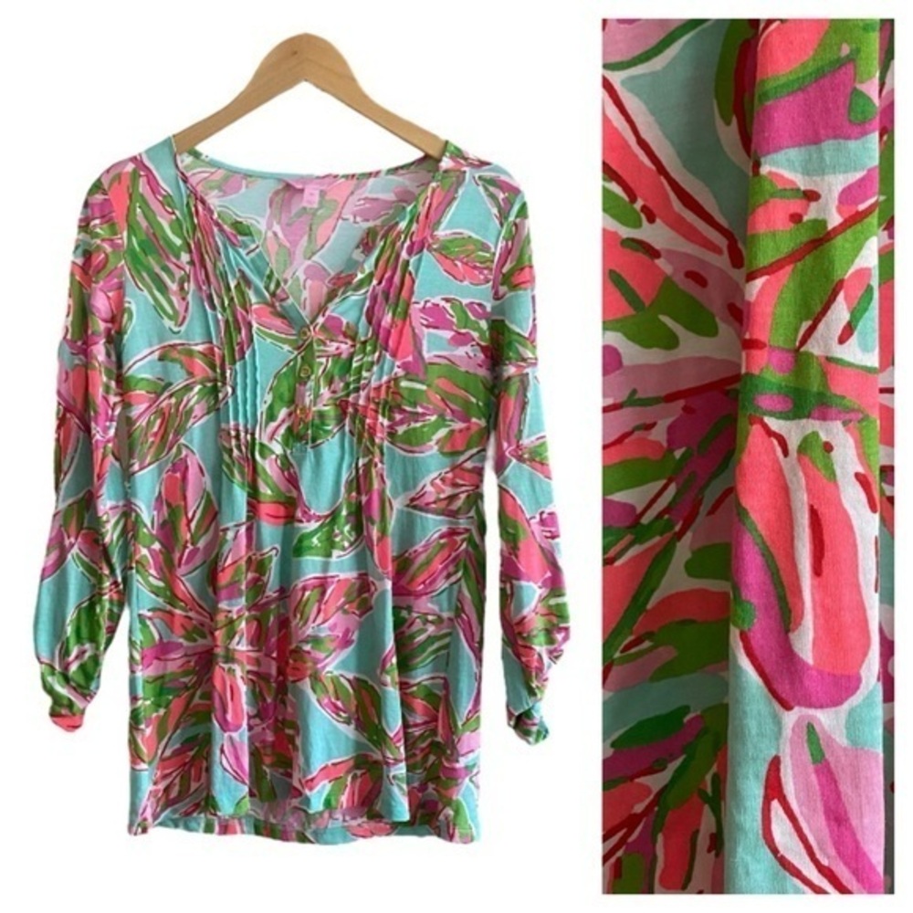 Lilly Pulitzer Dorothy In The Villas Floral Pima Pintuck Henley Tunic Top XS